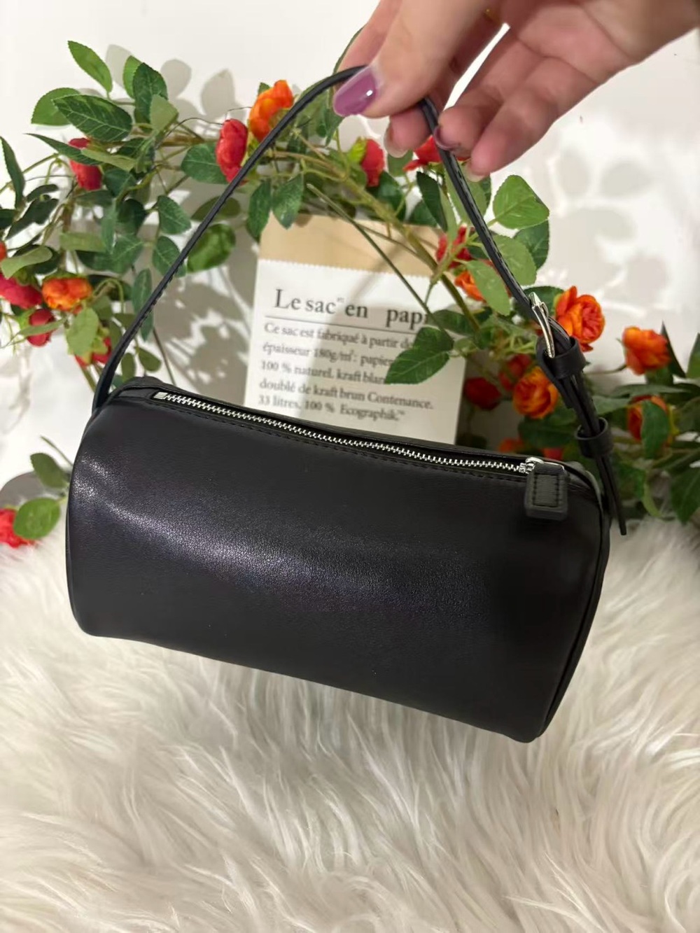 The Row Black Leather Mini Barrel Shoulder Bag